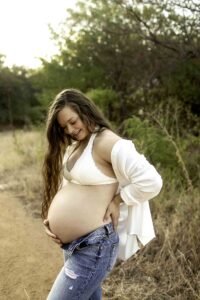 Maternity session with mama in white shirt