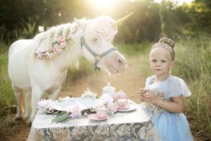Child as a princess with a tea party with a unicorn