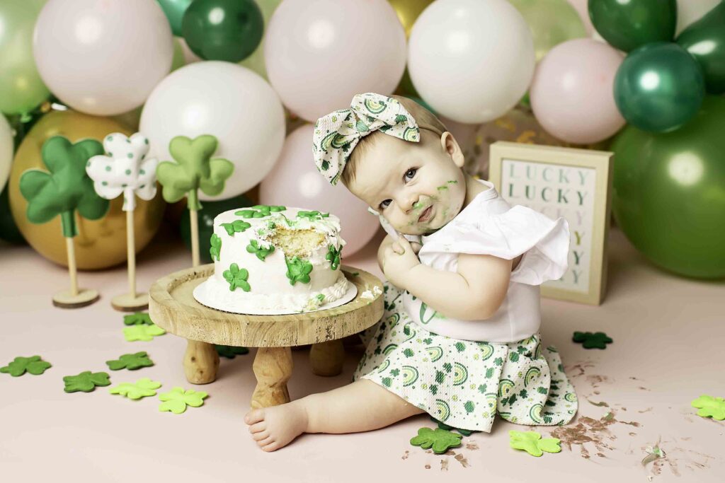 Celebrate your little one’s 1st birthday with a whimsical Lucky Clover theme at Chunky Monkey Photography Studio in Azle, TX, capturing precious moments filled with joy