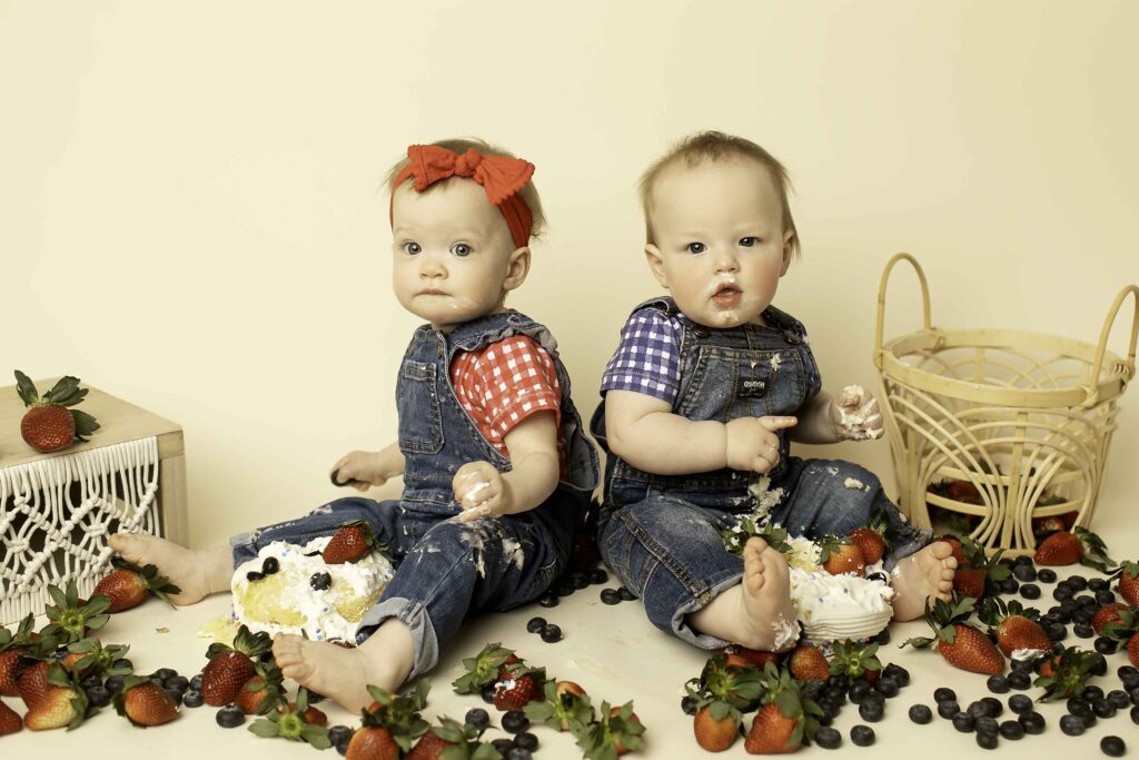 Double the fun at this strawberry smash birthday shoot for twins, with Chunky Monkey Photography capturing their playful expressions and sweet mess