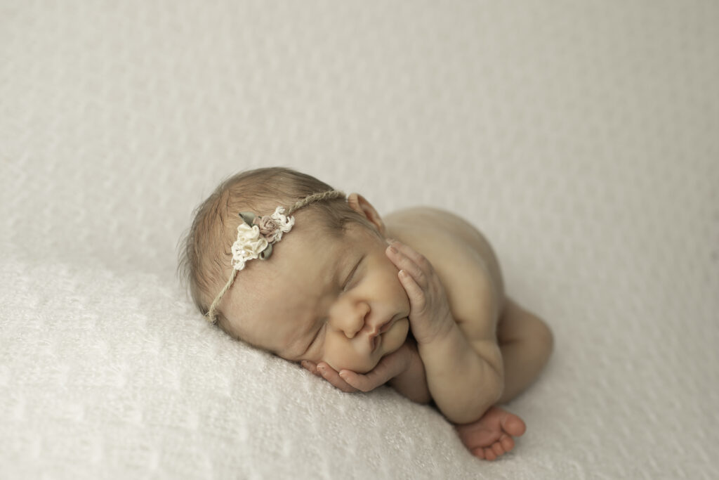 On a fluffy white blanket, a newborn girl lies gently, captured in an elegant and minimalist pose by Chunky Monkey Photography