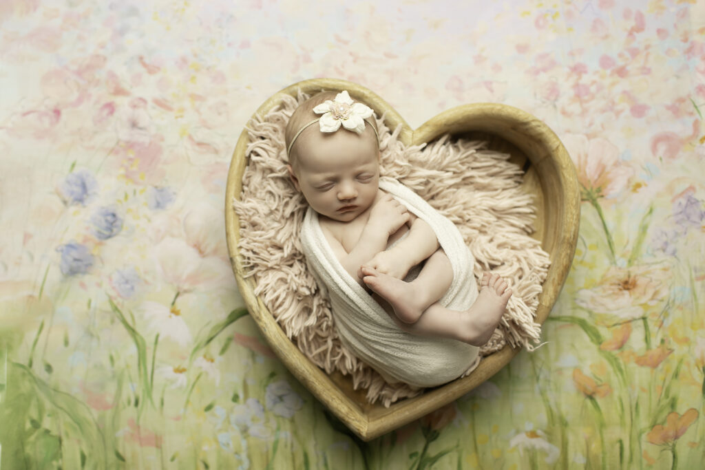 A newborn girl curled up in a heart-shaped prop, capturing the love and sweetness of this special moment, beautifully shot by Chunky Monkey Photography