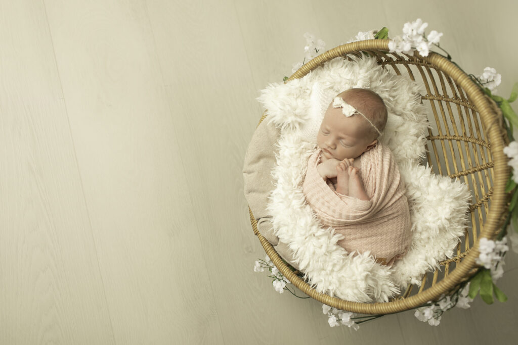 A sweet newborn girl posed gently in a wicker chair, radiating calm and innocence in a soft, peaceful moment captured by Chunky Monkey Photograph