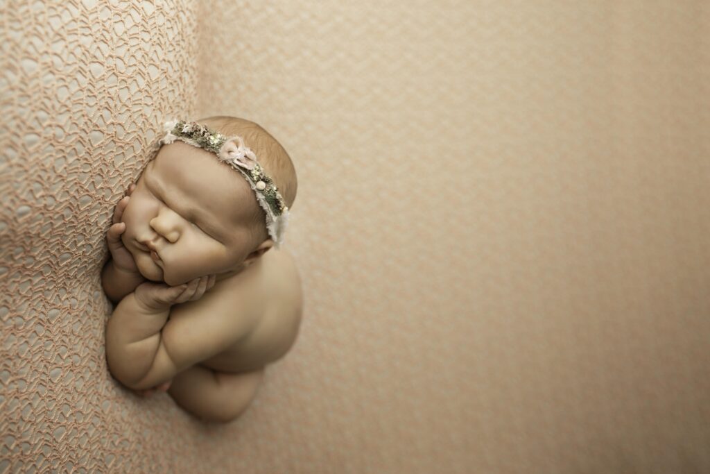 The baby’s chunky cheeks shine in this precious close-up shot, as they sleep soundly.