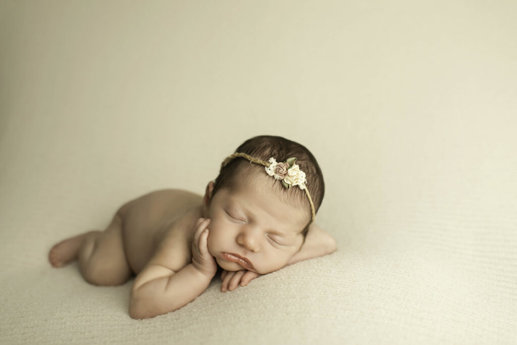 Newborn posed with chin resting gently on her wrist, lying belly-down on a soft white background.