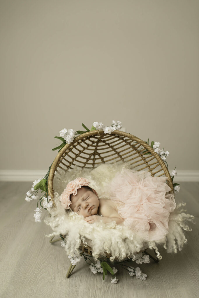 Newborn girl wearing a fluffy pink tutu, nestled in a rustic wicker basket with a soft, fringed throw, set against a minimalist studio backdrop with soft lighting.