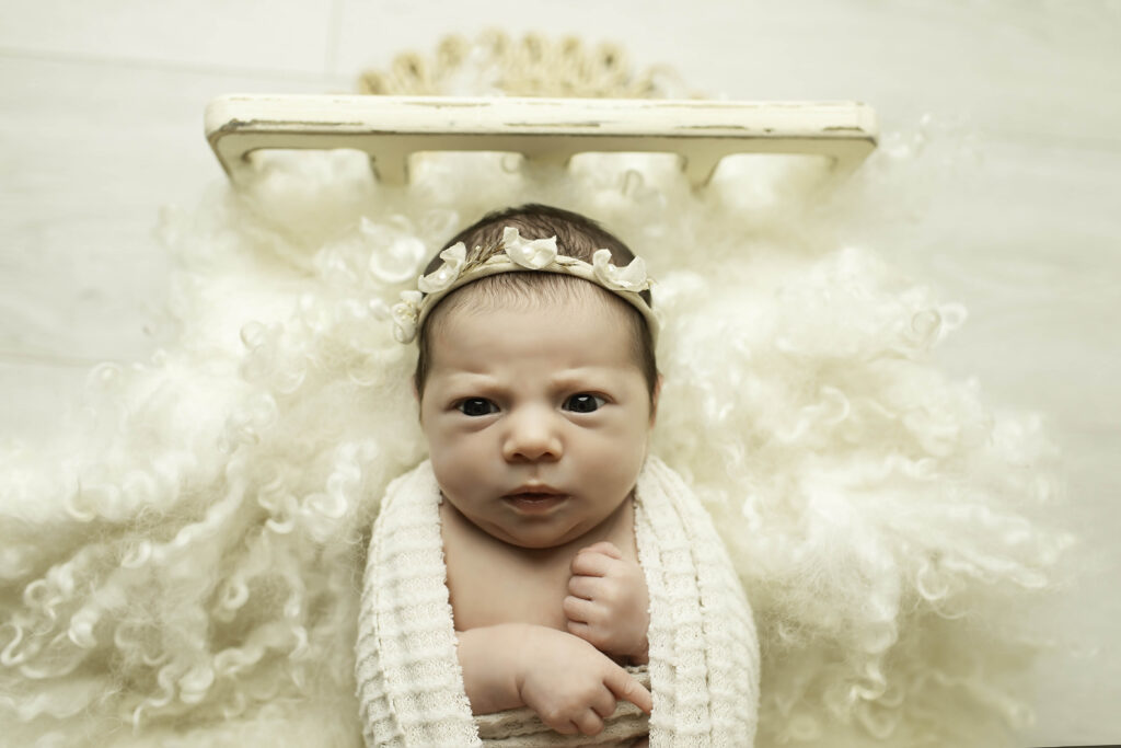 Sleeping newborn girl wrapped in a delicate cream swaddle, lying on a cozy boho bed with a mix of woven and knit textures creating a serene atmosphere.