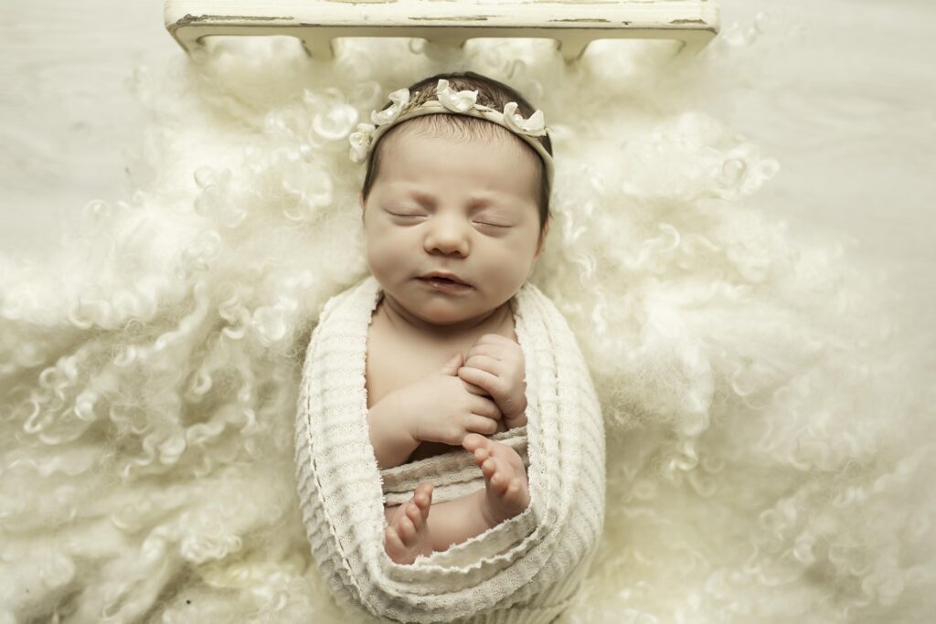 Newborn girl peacefully swaddled in a soft cream-colored blanket, resting on a boho-inspired bed adorned with textured pillows and a neutral-toned blanket.